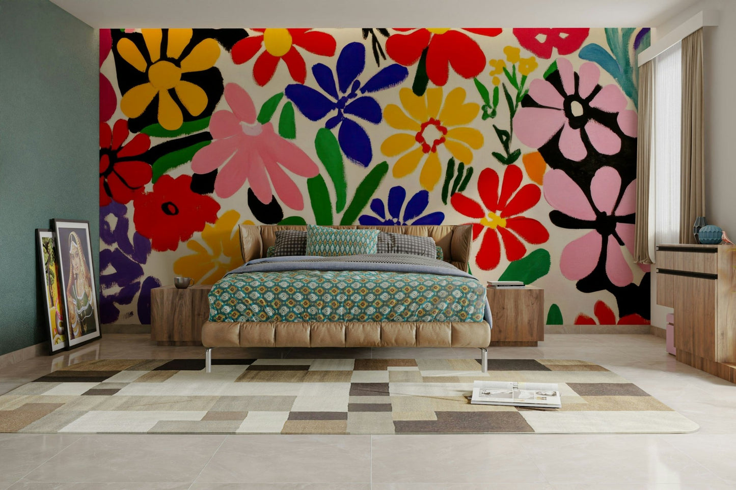Bright floral wall mural with Matisse-style graphics

