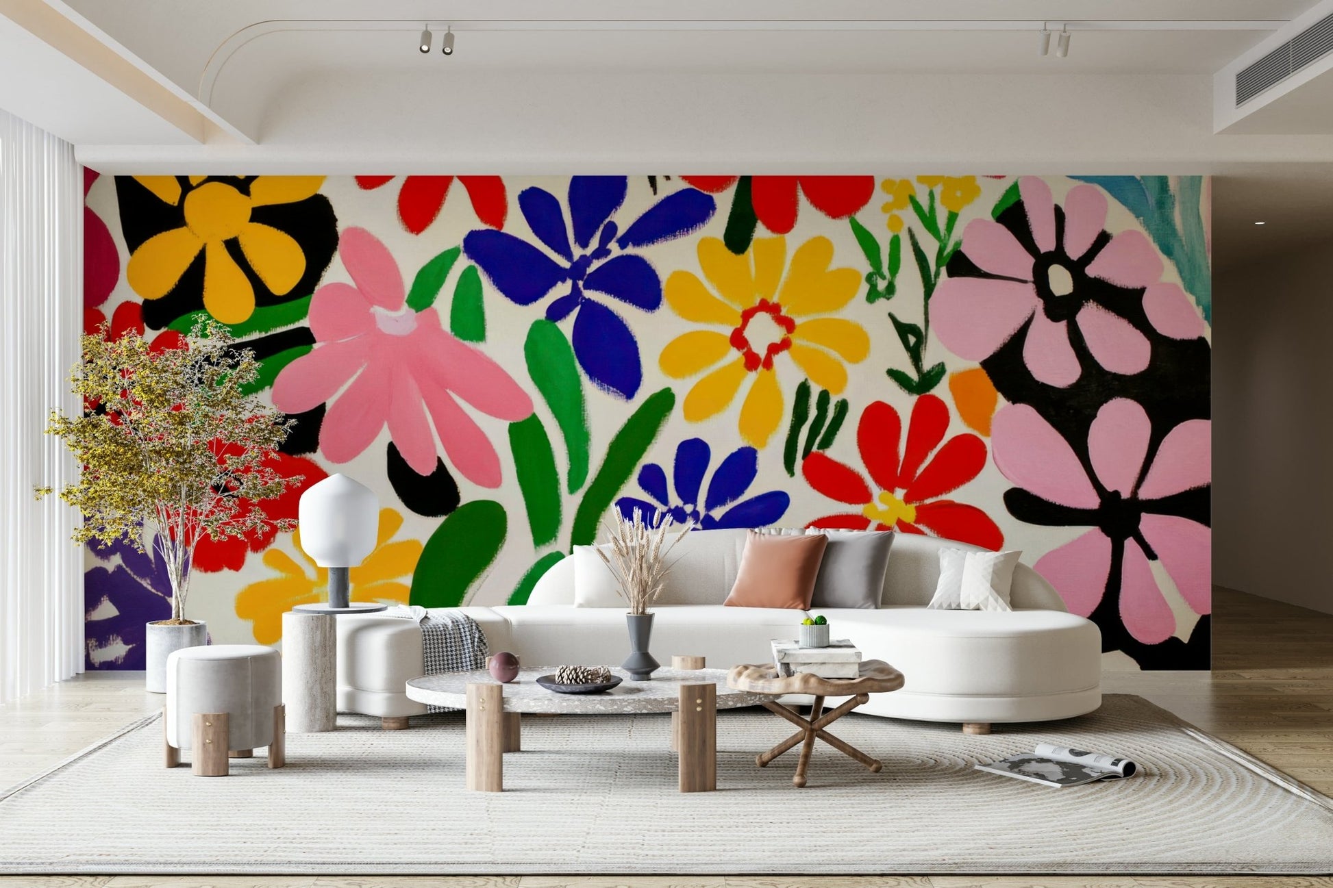 Matisse-inspired flower garden mural in bold colors


