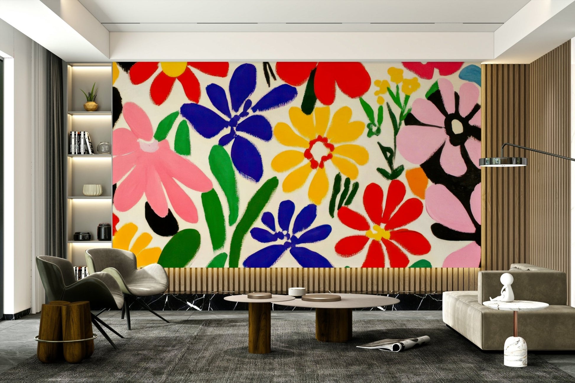 Color block flowers in retro-modern wall mural

