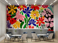 Living room mural inspired by 1950s art and florals

