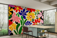 Expressive floral mural in red, blue, and yellow tones

