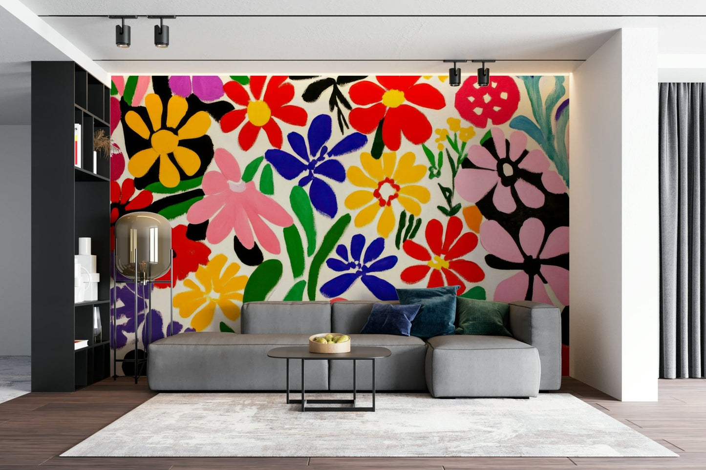 Abstract garden scene mural in modernist color palette

