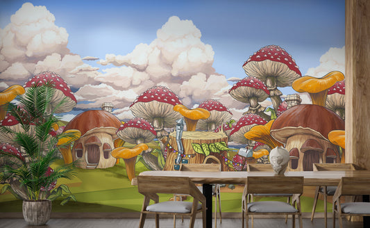 Vibrant kids city wall mural with mushrooms