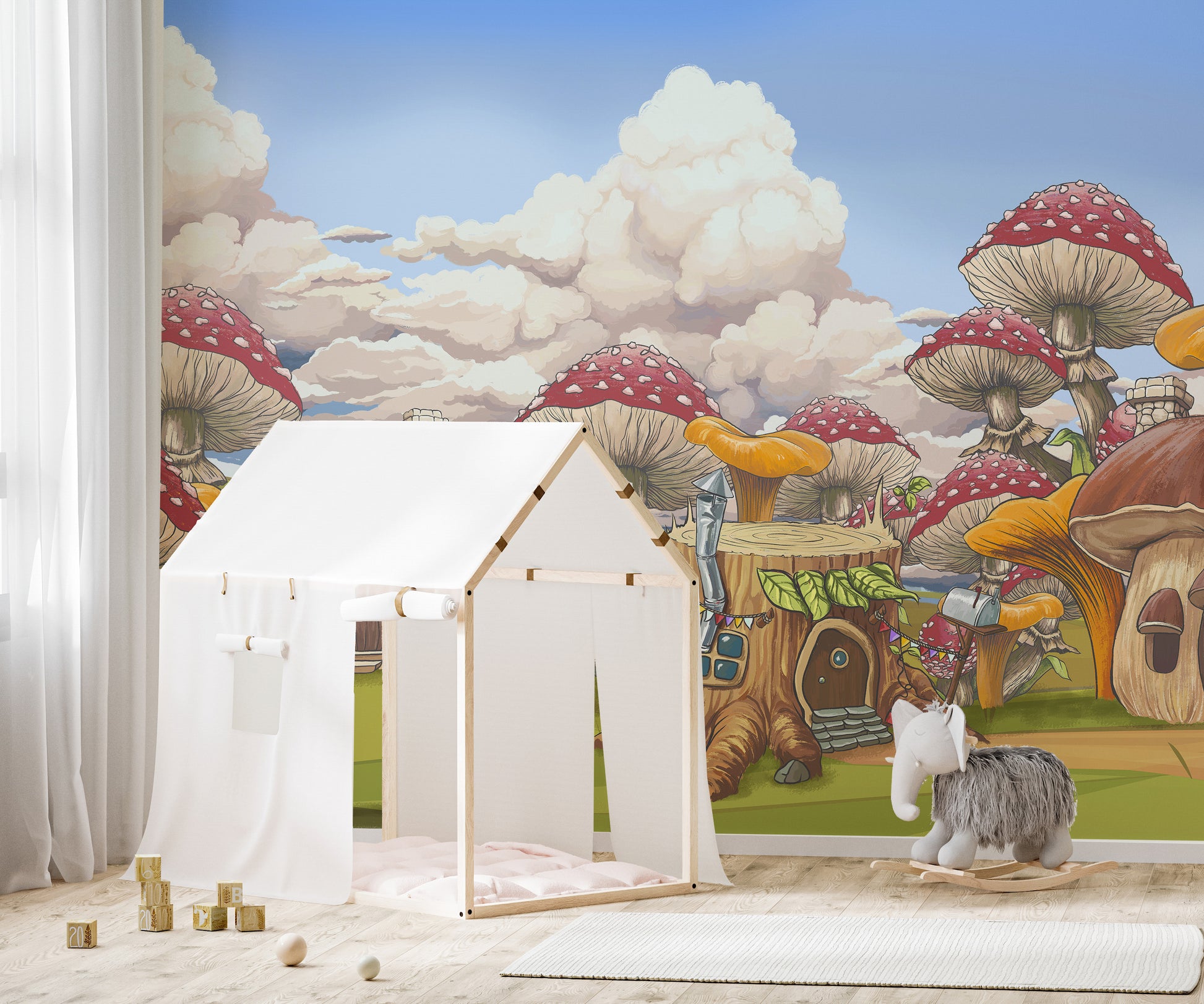 Colorful mushroom city mural for kids