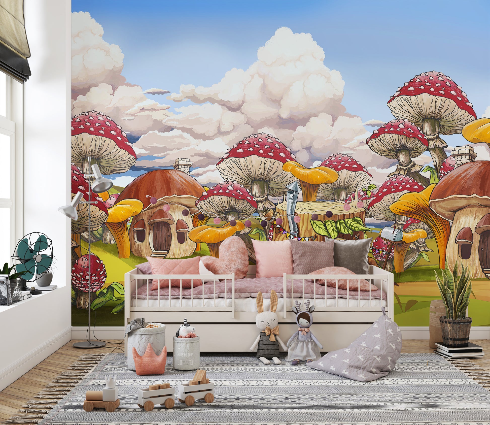 Vibrant mushroom kids city wall mural