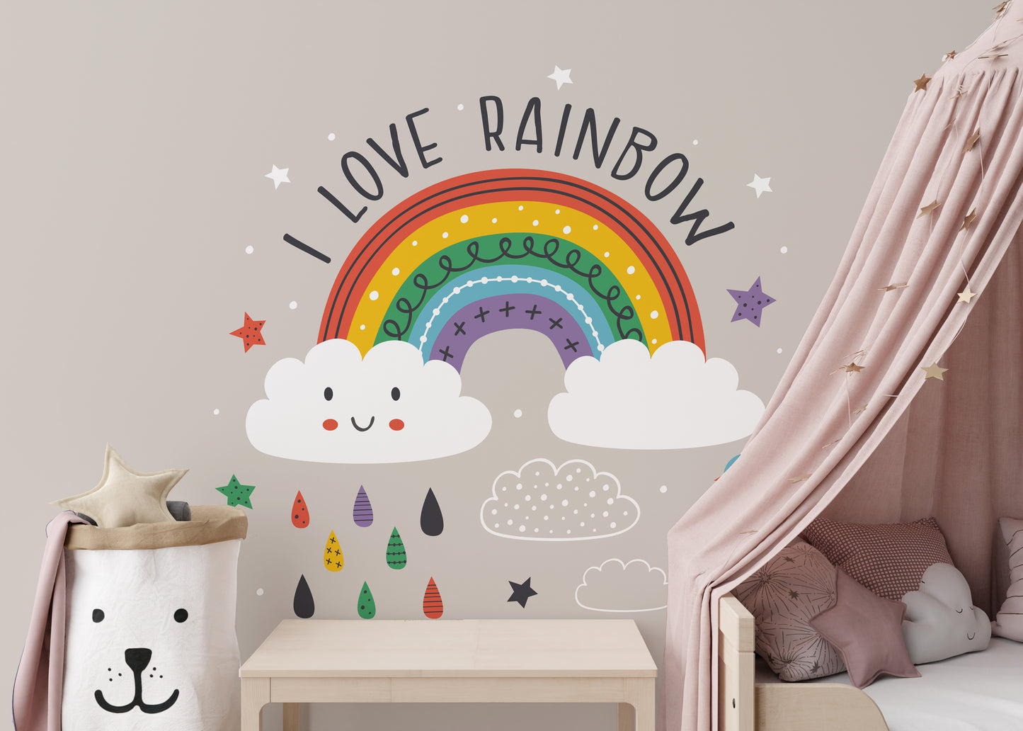 Cheerful rainbow and cloud wallpaper art
