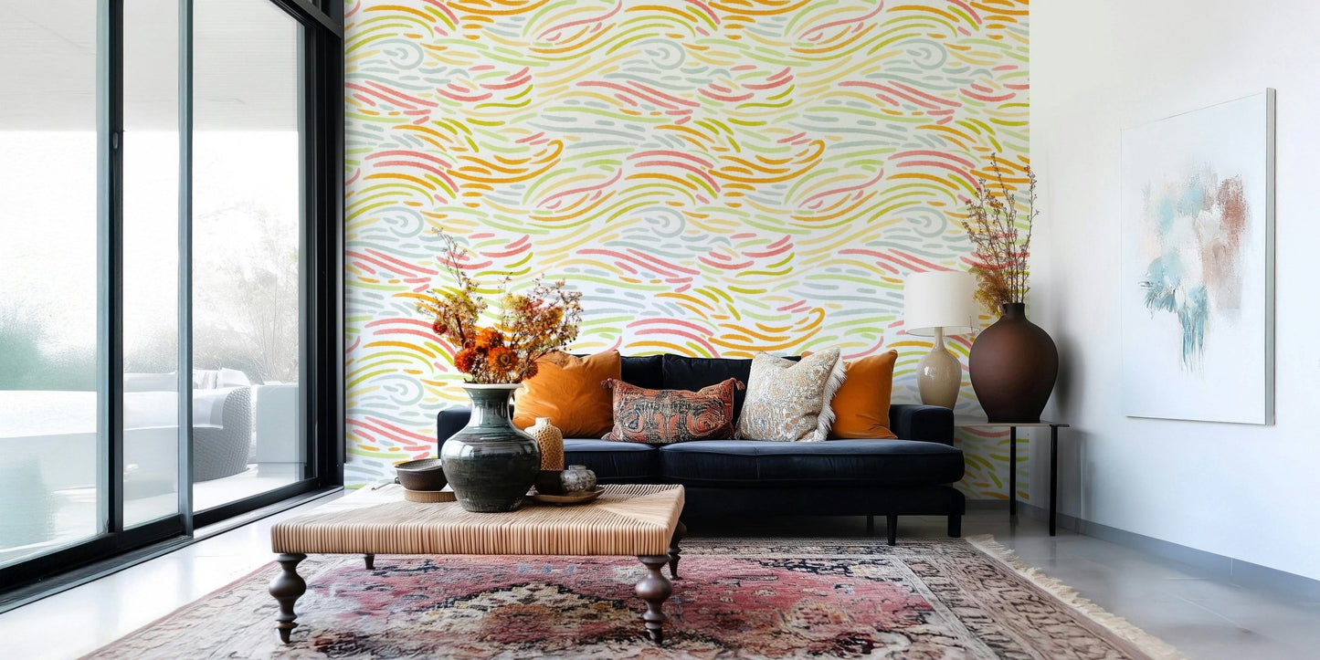 Curved flowing marks define Colorful Strokes wallpaper for walls.