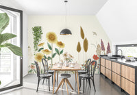 Colorful wallpaper with sunflowers and wild plants