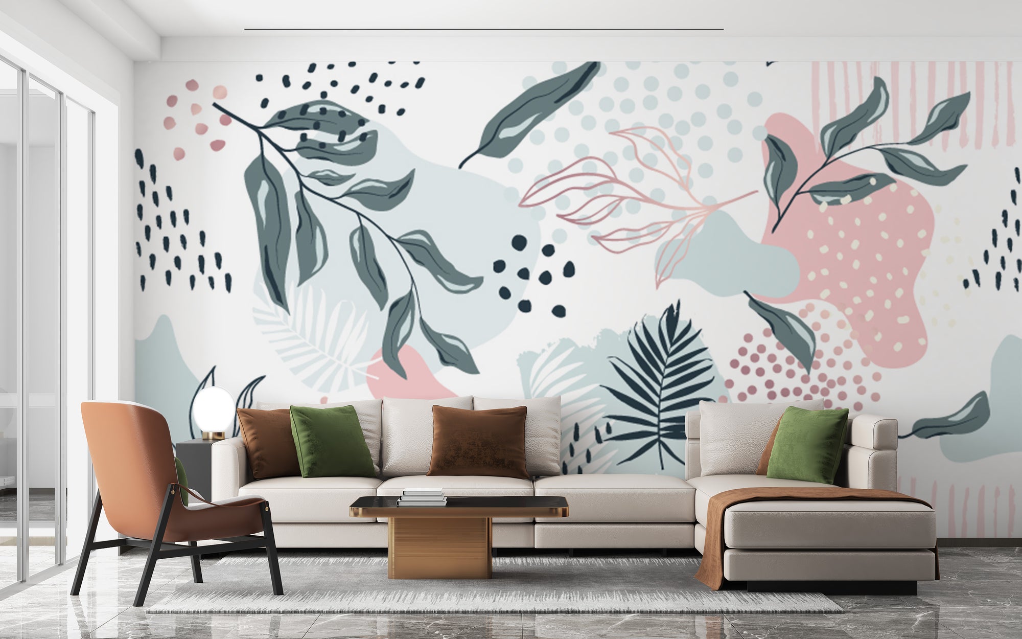 Colorful & Trendy Design Leaves wallpaper mural shown as a full feature wall that highlights the design