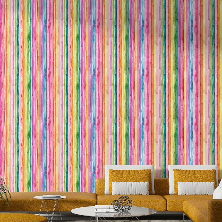 Artistic rainbow watercolor stripes on wallpaper

