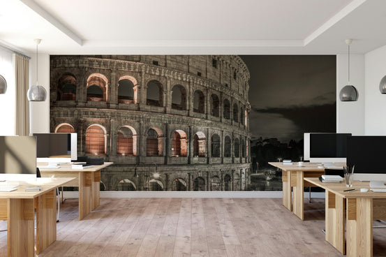 A wall mural featuring a grand, historic scene at night.

