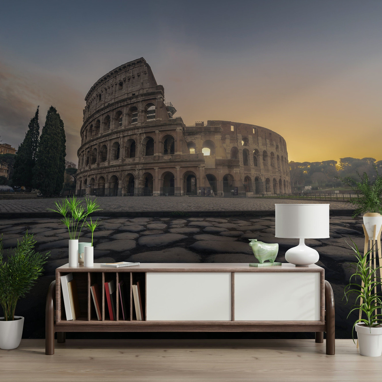 Colosseum wall mural in modern living room, warm beige and stone color tones, feature wall