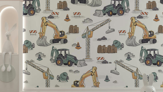 Construction Site wallpaper close-up showing the pattern of diggers, cranes and cement mixers on cream