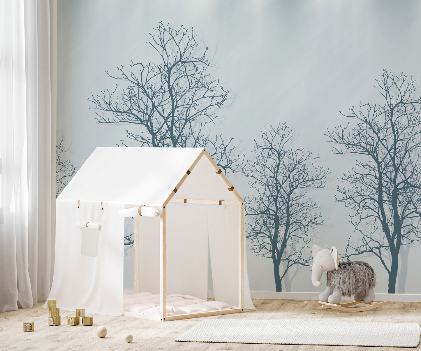 Minimalist tree contours mural with a dramatic red sun design.
