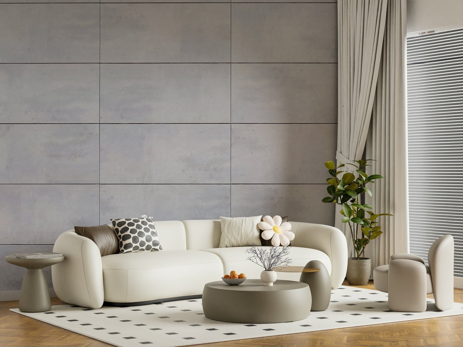 Decorative wall mural featuring a neutral grey grid pattern for minimalist or industrial-inspired interiors.