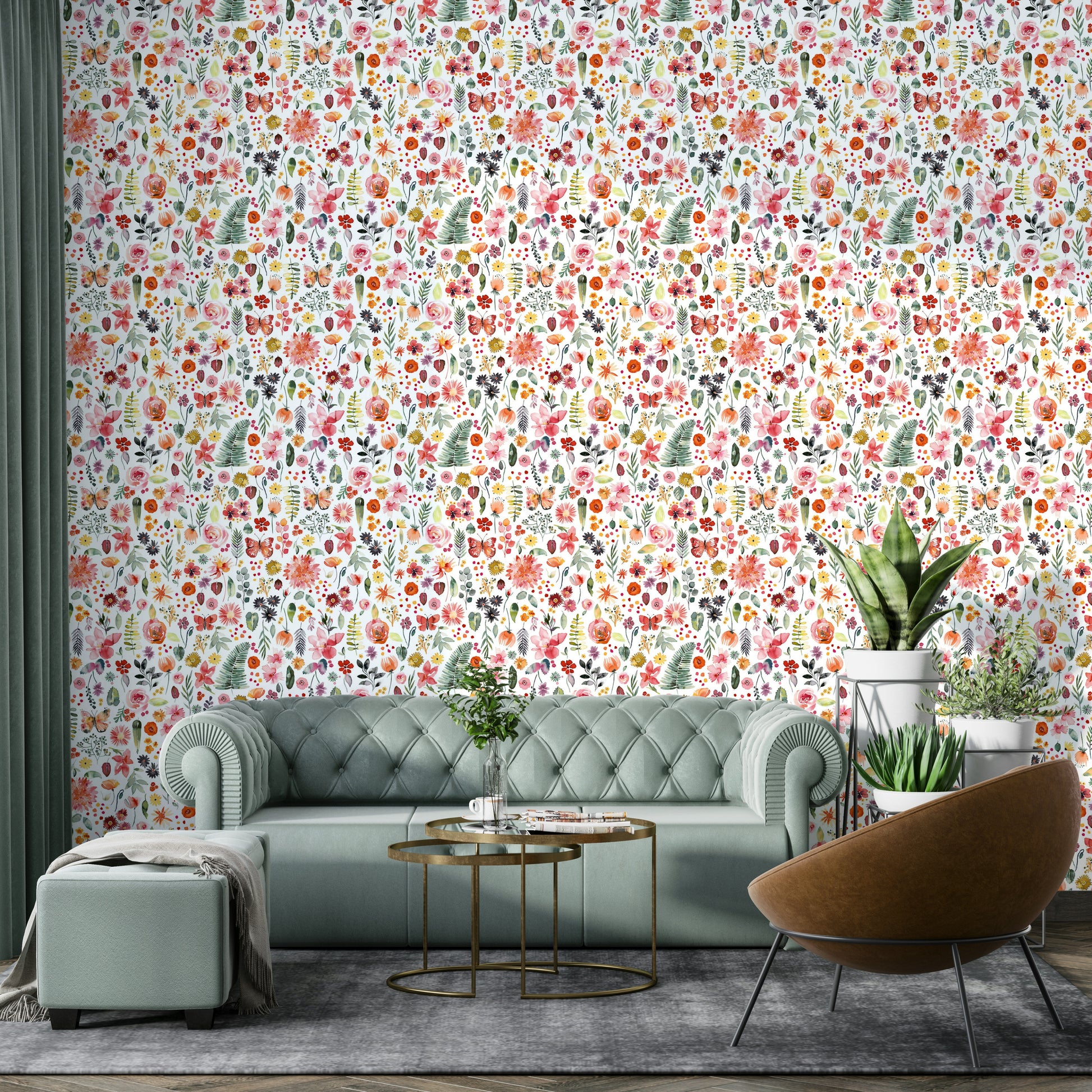 Vibrant coral wallpaper with tropical plant motifs

