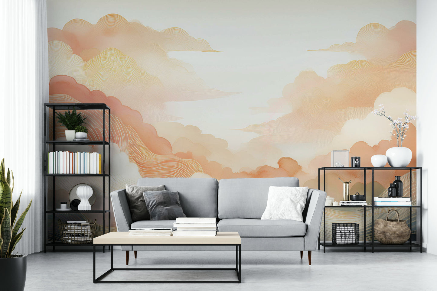 Warm toned cloud mural used as a feature wall in a master suite apartment.