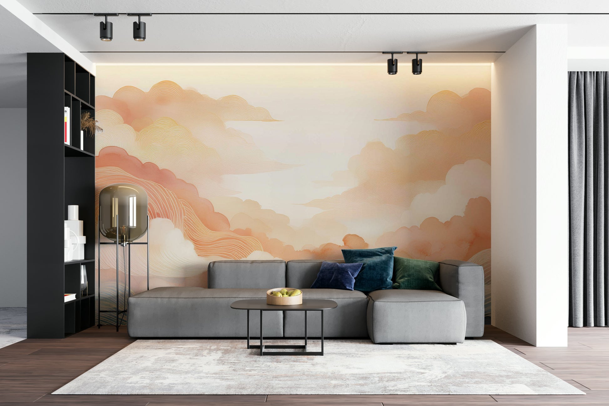 Sophisticated lounge area with a vibrant sunset cloud backdrop and modern lighting.