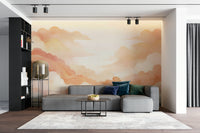 Sophisticated lounge area with a vibrant sunset cloud backdrop and modern lighting.