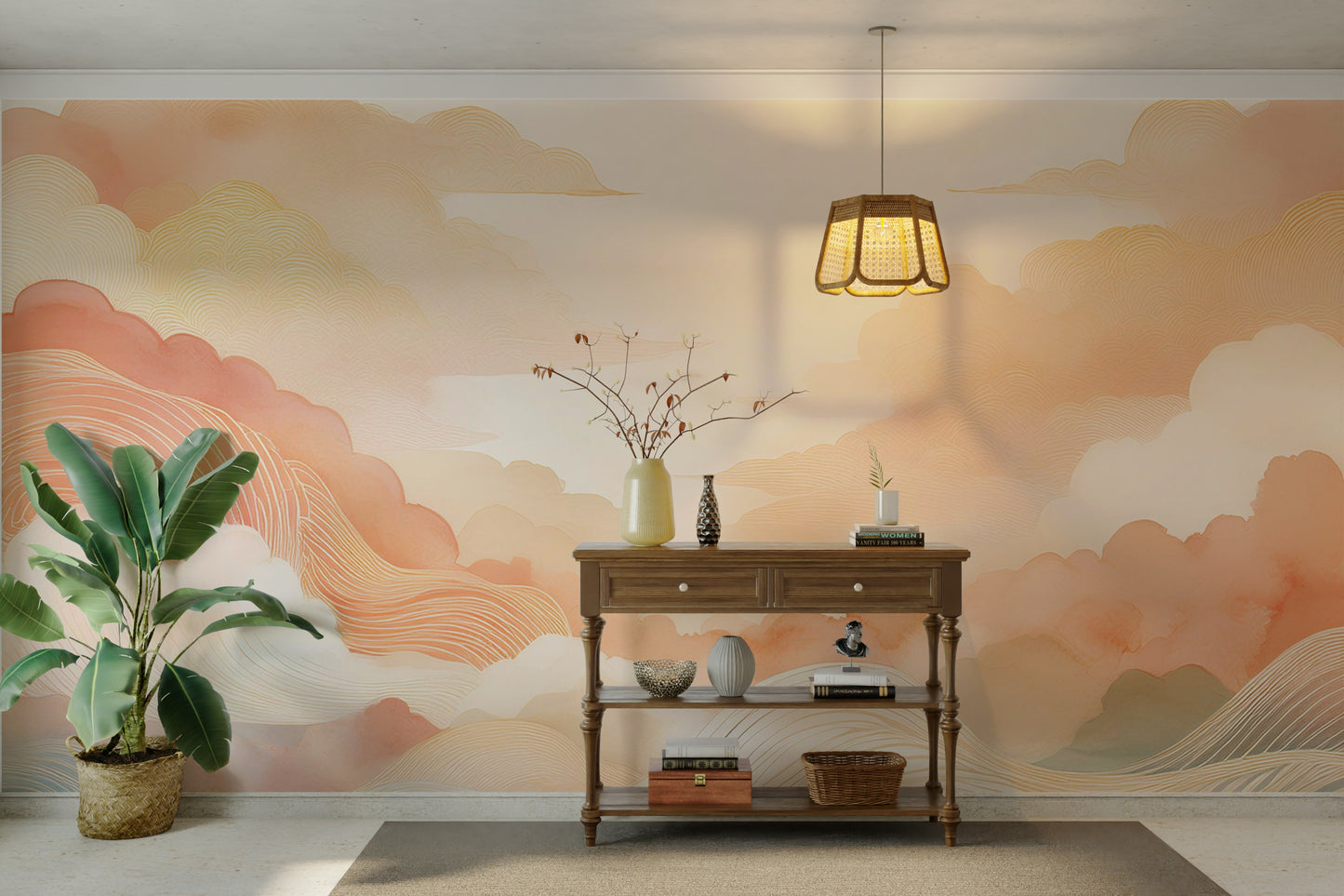 Minimalist hallway featuring an artistic sky mural in shades of salmon and peach.