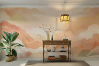 Minimalist hallway featuring an artistic sky mural in shades of salmon and peach.