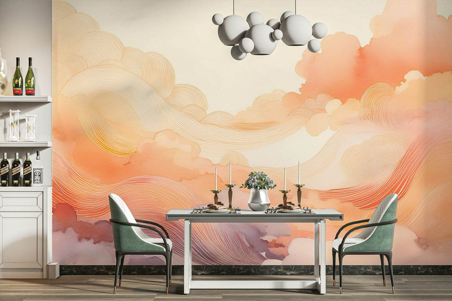 Living space with a large scale Coral Dream Swirls Wall Mural.