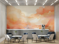 Light and airy dining room featuring a wavy abstract wallpaper.