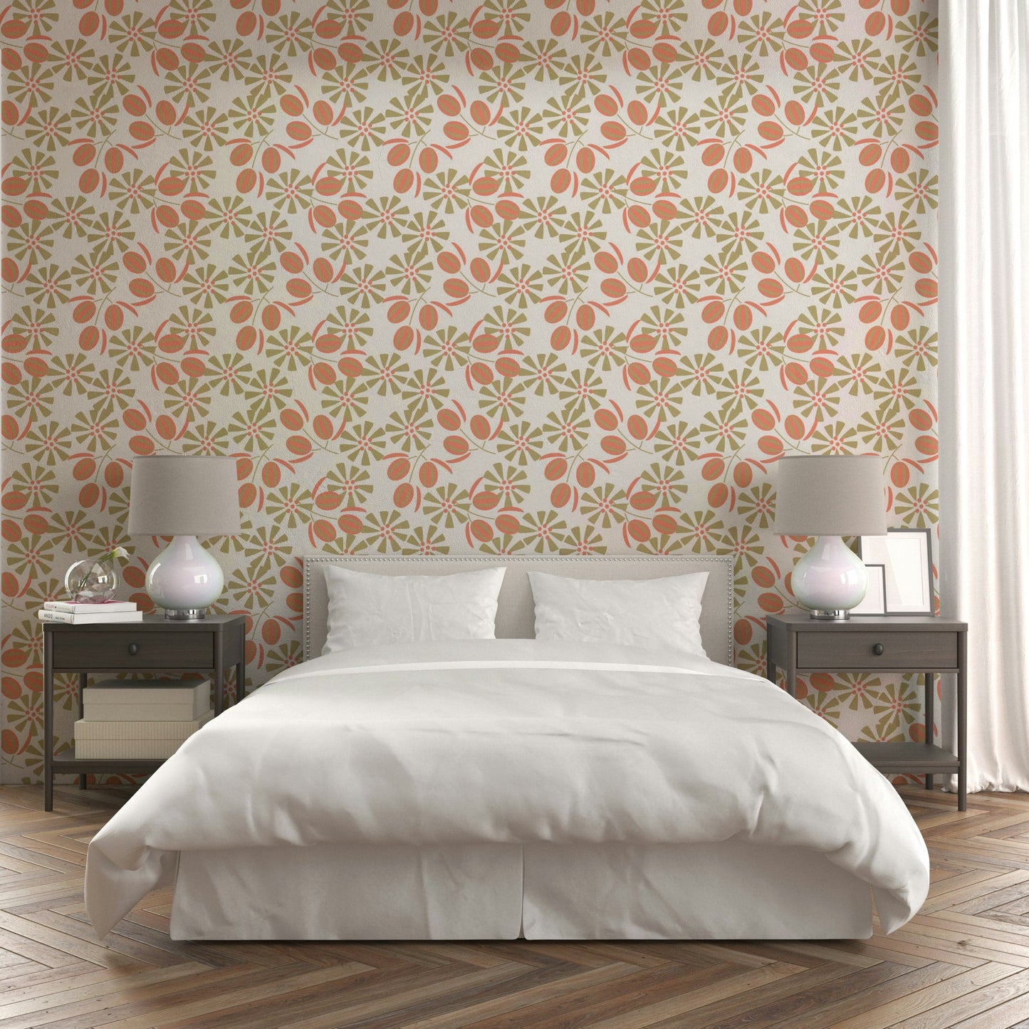 A peaceful flower design mural on decorative wallpaper.

