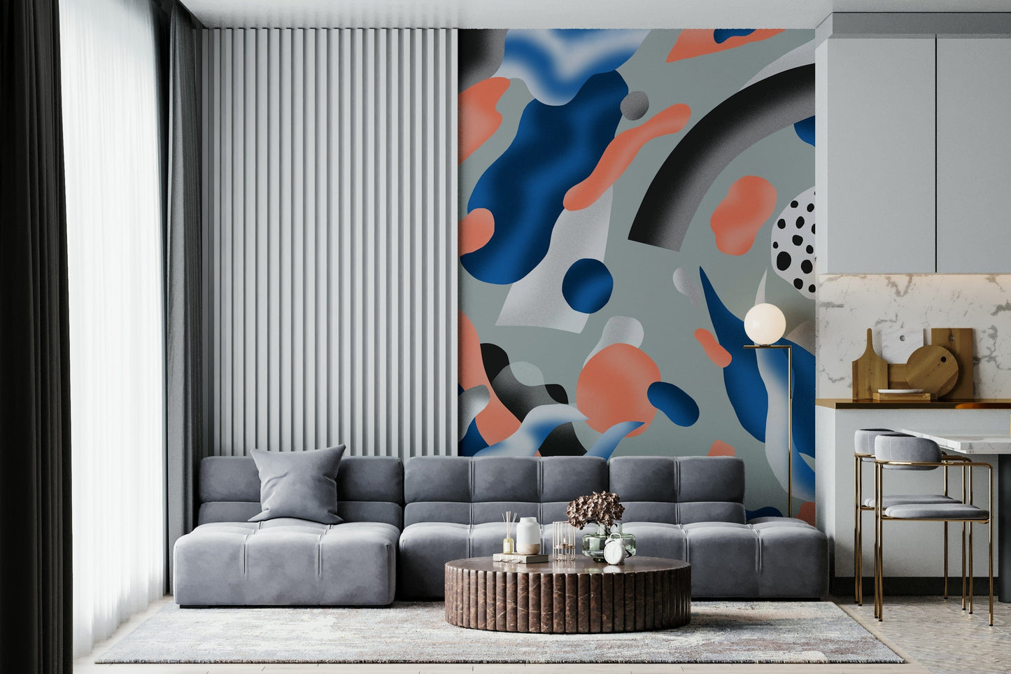 Serene Coral and Indigo Wall Mural – Calm and dreamy mural with harmonious blending of coral and indigo hues.