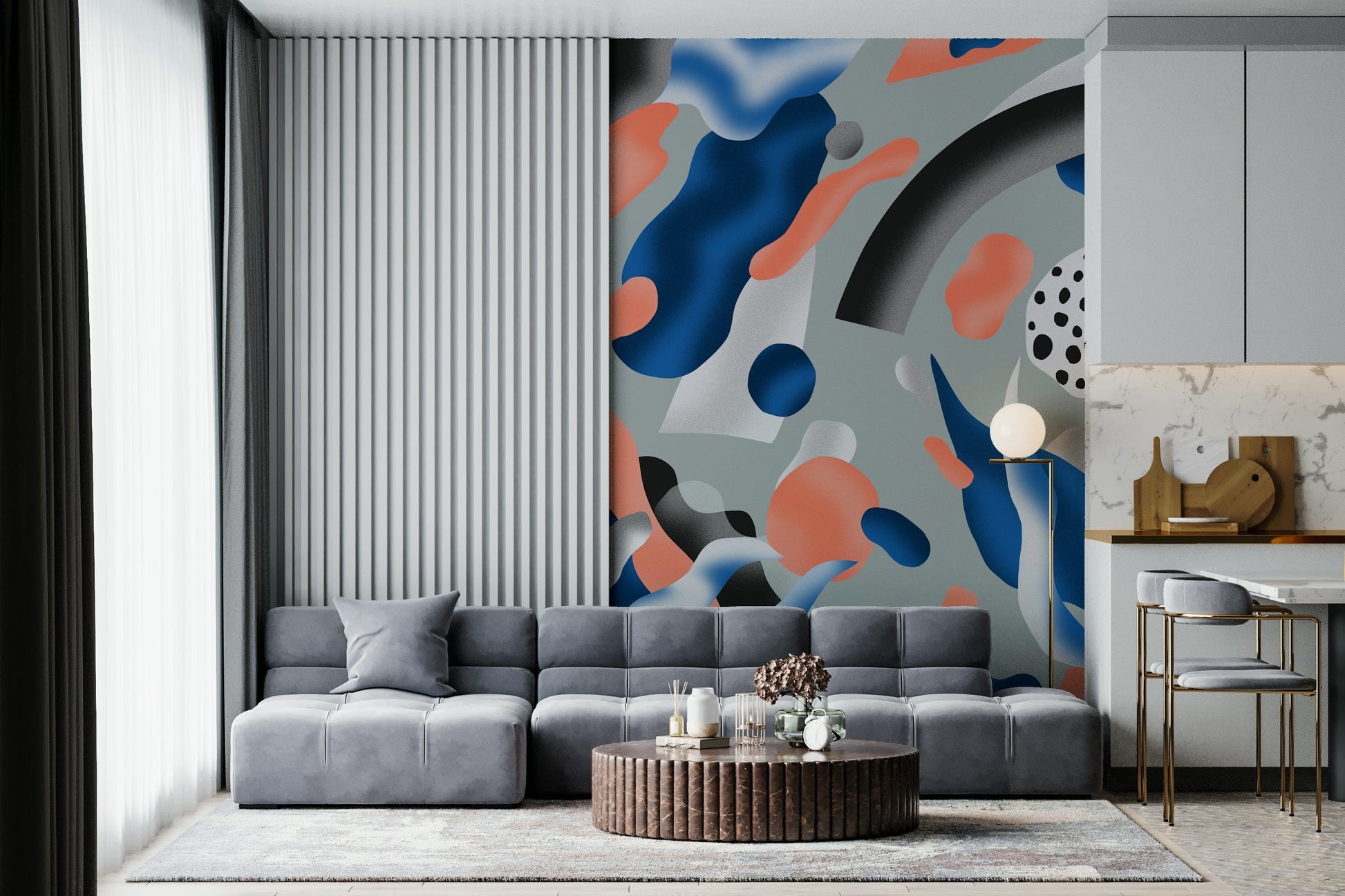 Serene Coral and Indigo Wall Mural – Calm and dreamy mural with harmonious blending of coral and indigo hues.
