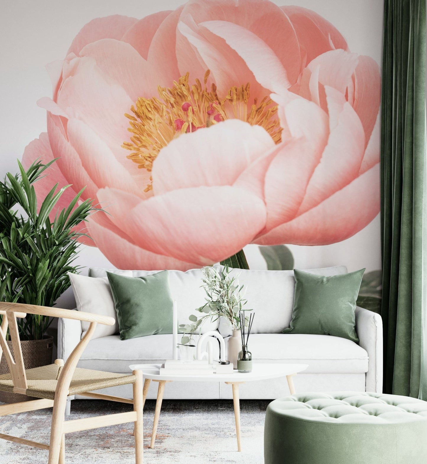 Soft coral tones create a warm, inviting atmosphere


