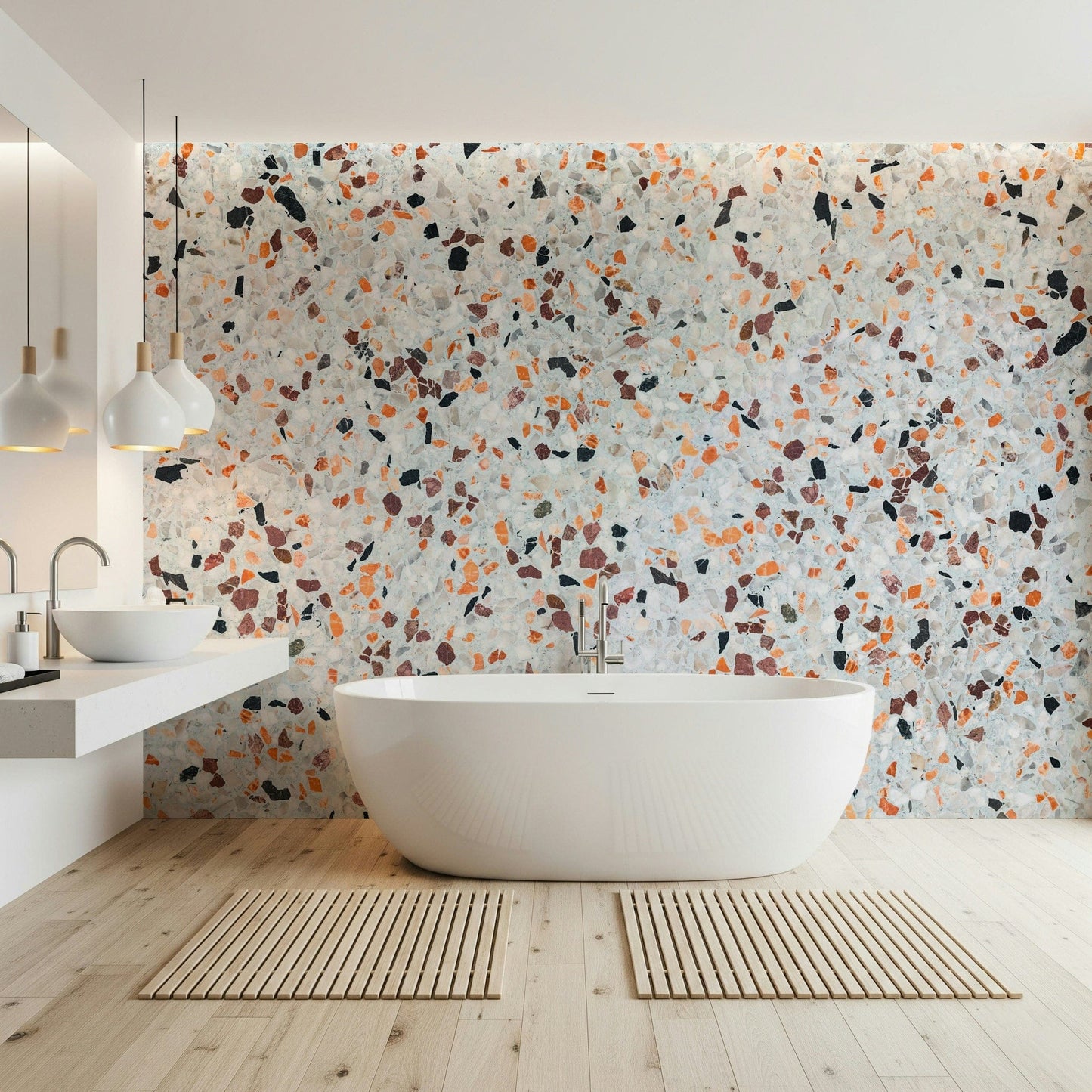 Bright Light Coral Terrazzo wallpaper cheerful tones natural stone effect backdrop.