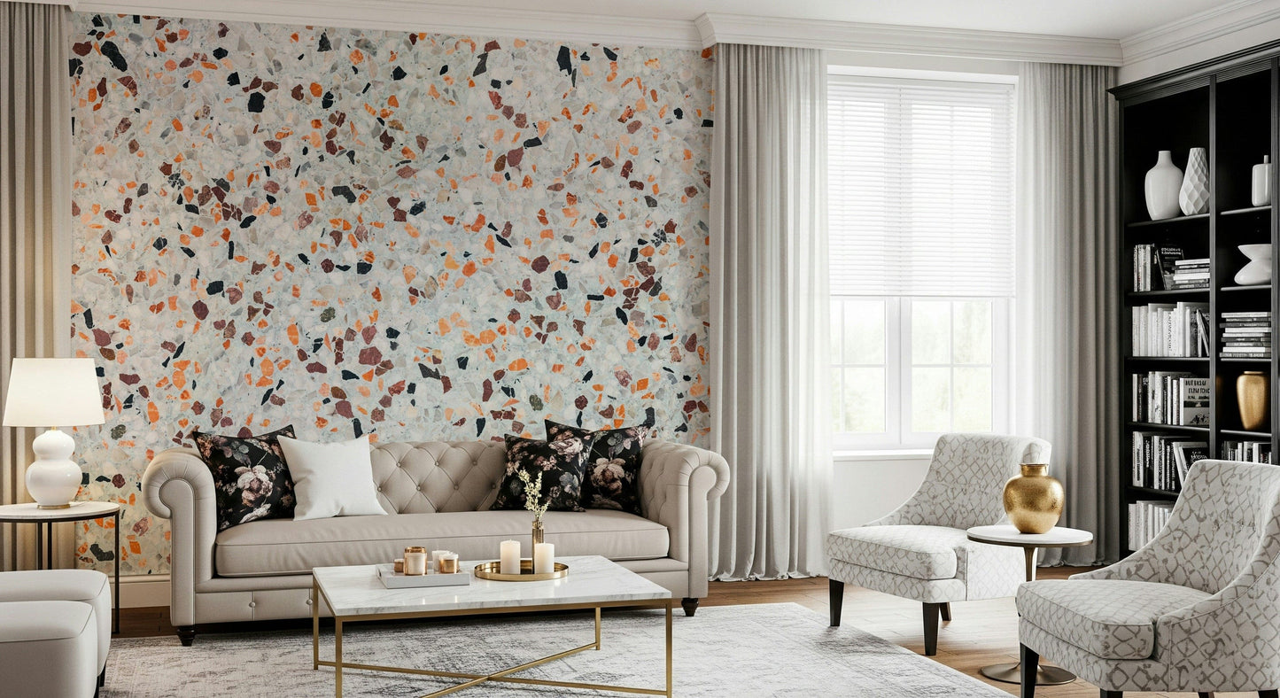 Elegant Light Coral Terrazzo mural clean white ground emphasizing fiery fragments.