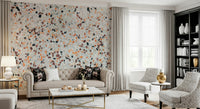 Elegant Light Coral Terrazzo mural clean white ground emphasizing fiery fragments.