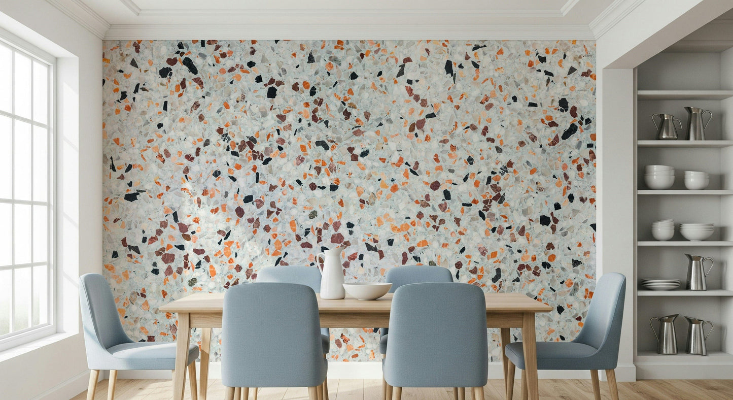 Polished Light Coral Terrazzo wallpaper abstract speckles creating sophisticated interior visual.