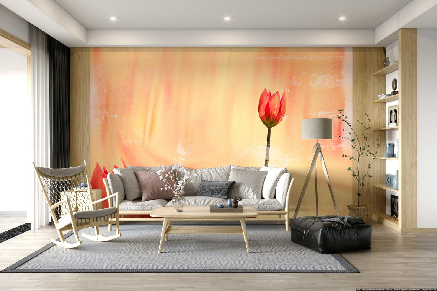 An artistic elegant tulip mural on minimalist wallpaper.

