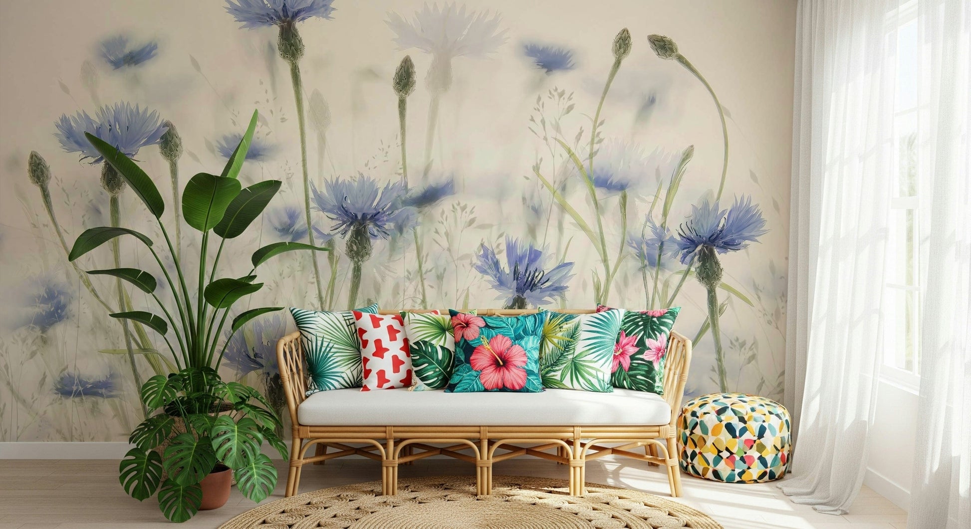 A calming floral design wallpaper mural that defines a space.

