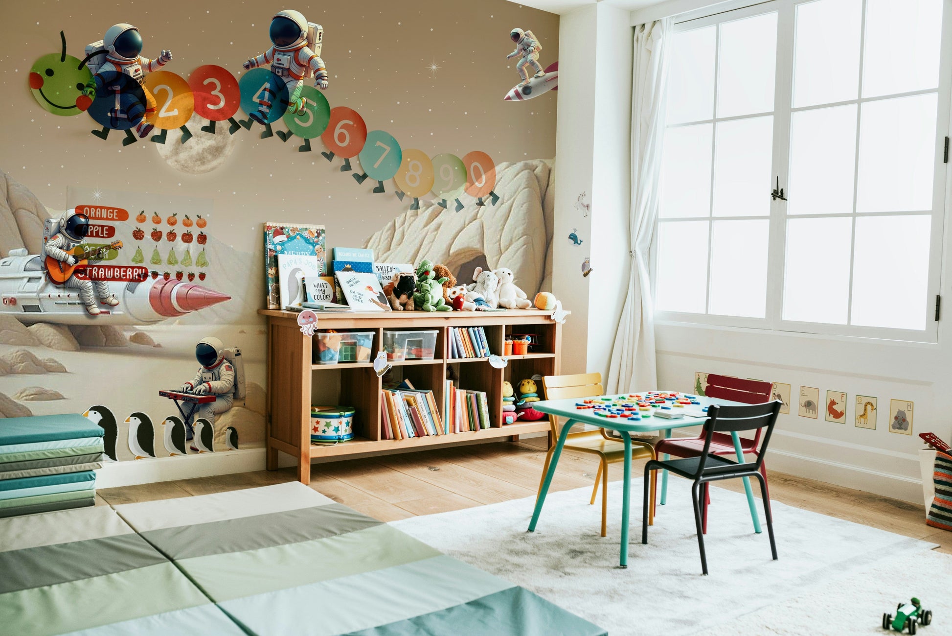 A cheerful wall mural with a whimsical, space design.

