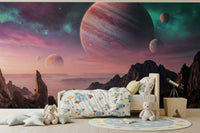 Cosmic canyon wall mural in modern living room, deep color sky, feature wall behind sofa