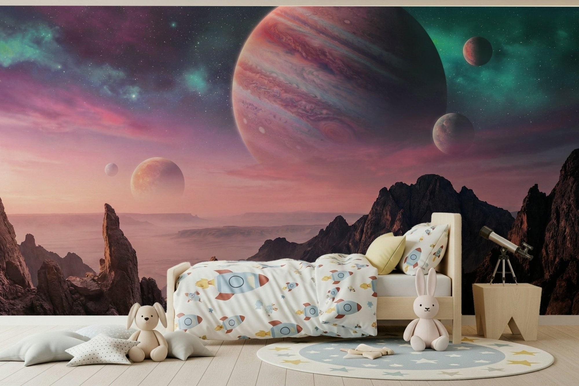 Cosmic canyon wall mural in modern living room, deep color sky, feature wall behind sofa