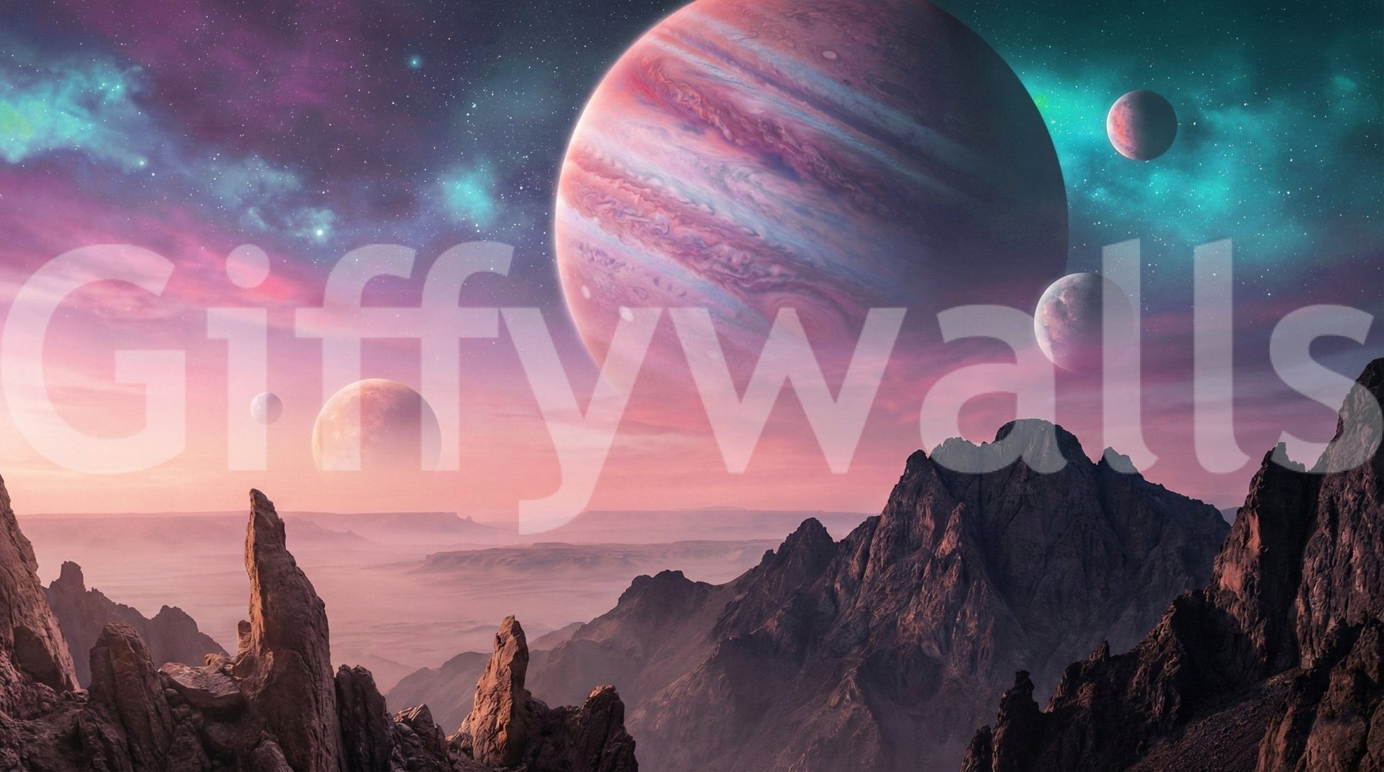 Cosmic canyon mural for media room, dark color palette, modern wall decor feature
