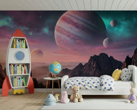 Cosmic Canyon Dreams Wall Mural in office, galaxy sky colors, calm backdrop behind desk