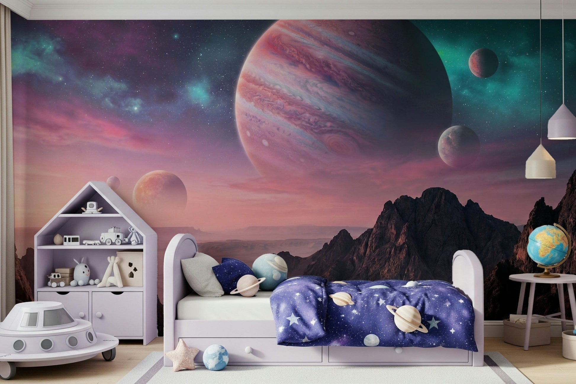 Galaxy canyon wall mural in dining room, modern decor, statement feature wall setting