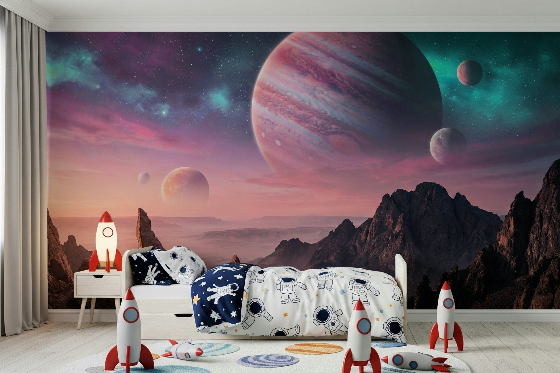 Canyon and galaxy wall mural in home gym, deep color landscape, feature wall backdrop