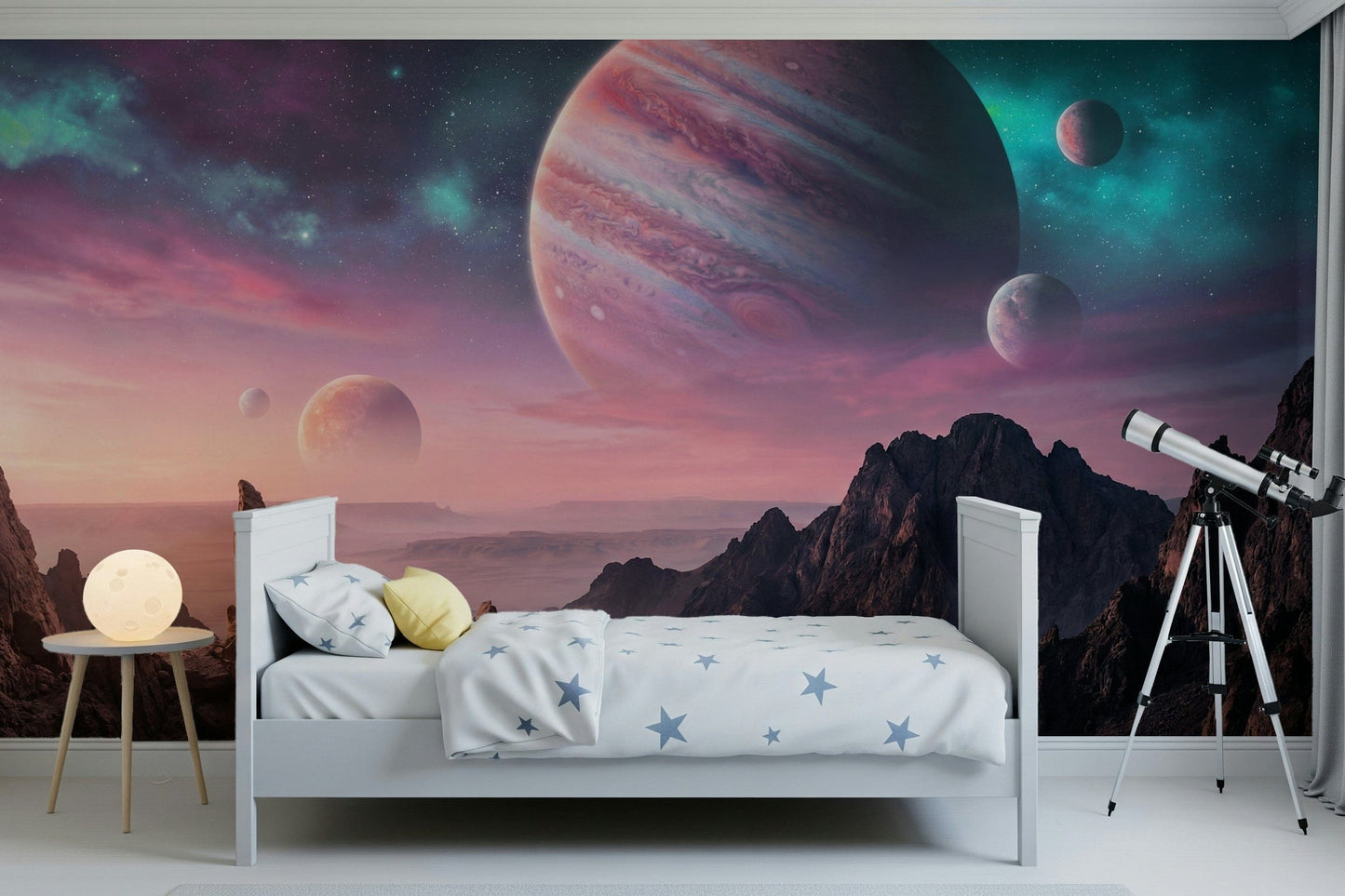 Cosmic canyon mural behind headboard, night sky colors, bedroom accent wall backdrop