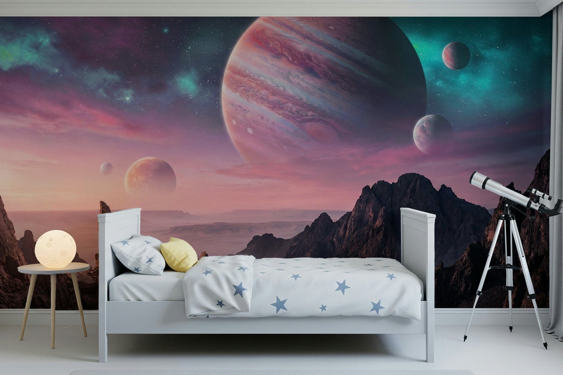 Cosmic canyon mural behind headboard, night sky colors, bedroom accent wall backdrop
