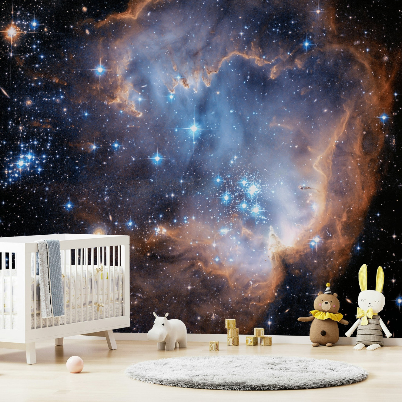 A wall mural depicting a breathtaking cosmic nebula.
