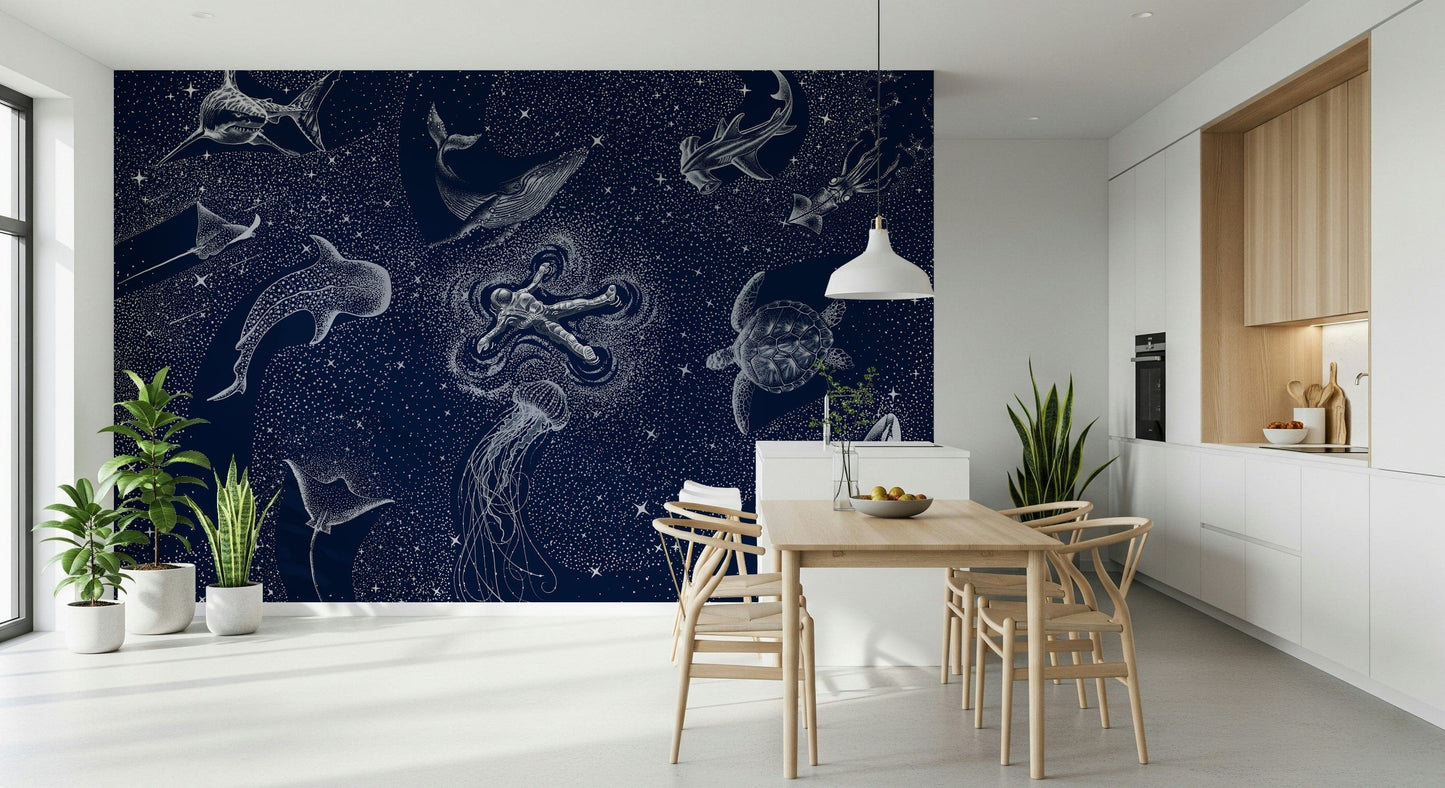 A calming underwater design wallpaper mural that defines a space.
