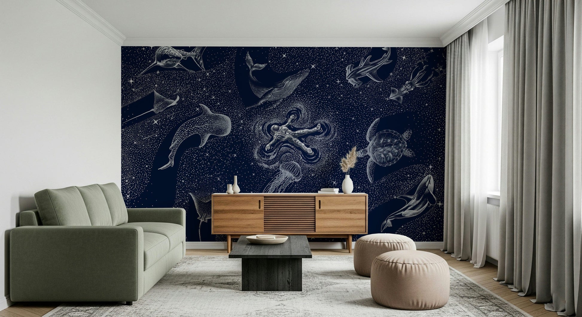A beautiful modern art wall mural of delicate deep sea life.