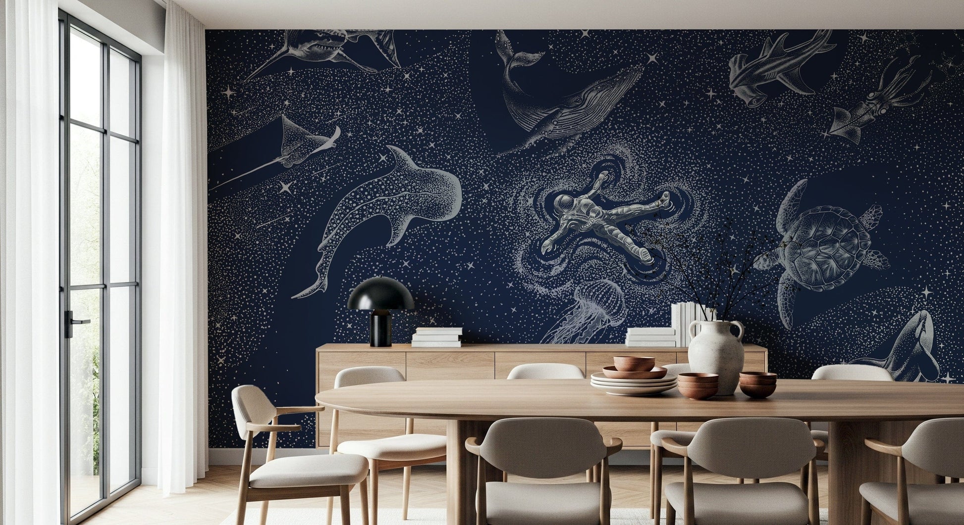 A peaceful modern abstract mural on decorative wallpaper.